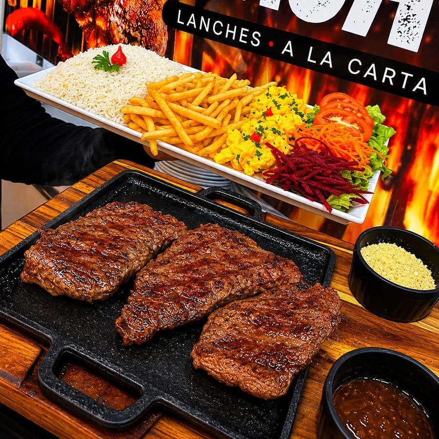 Picanha na chapa do Brasa e Pão, com arroz, fritas e saladas